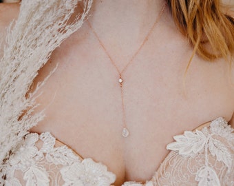 SKYE Moonstone Necklace, Lariat Necklace, Bridal Necklace, Wedding Necklace, Rose Gold Necklace, Dainty Minimalist Necklace, Drop Necklace