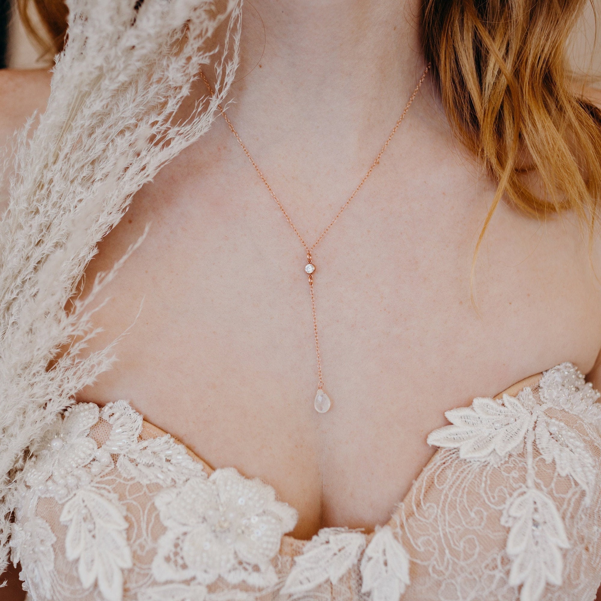 SKYE Moonstone Necklace, Lariat Necklace, Bridal Necklace, Wedding Necklace, Rose Gold Necklace, Dainty Minimalist Necklace, Drop Necklace