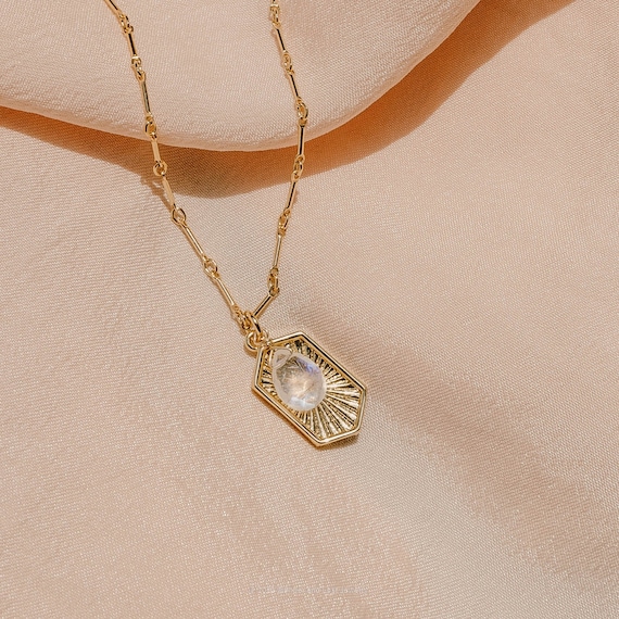 Gold Moonstone Necklace, Crystal Necklace, Pendant Necklace, Celestial Necklace, Sunburst Necklace, Rainbow Moonstone Necklace, Bar Chain