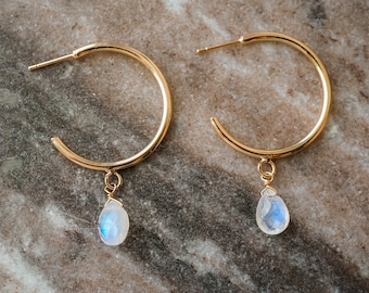 Luna Hoops, Moonstone Hoops, Gold Hoop Earrings, Large Gold Hoops, Rainbow Moonstone Earrings, Thick Hoops, Large Hoop Earrings