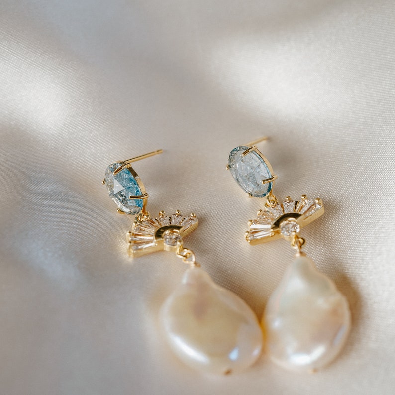 Something Blue Earrings, Bridal Statement Earrings, Wedding Jewelry, Pearl Earrings, Art Deco Earrings, Fan Earrings, Blue Bridal Jewelry image 8