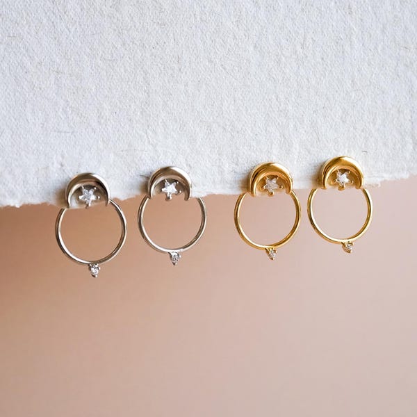 Pendientes de luna, pendientes de luna creciente, pendientes de oro, pendientes de plata, pendientes de puño, pendientes celestiales, pendientes delicados