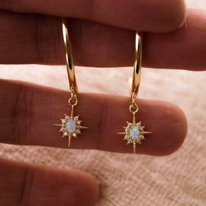 Keira Star Hoops, Gold Hoop Earrings, Large Gold Hoops, Celestial Earrings, Thick Hoops, Star Earrings, Opal Hoop Earrings, Galaxy Jewelry