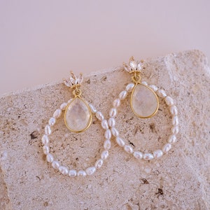 Kate Moonstone Earrings, Pearl Dangle Earrings, Elegant Earrings, Pearl Earrings, Wedding Earrings, Pearl Hoop Earrings, Unique Earrings image 9