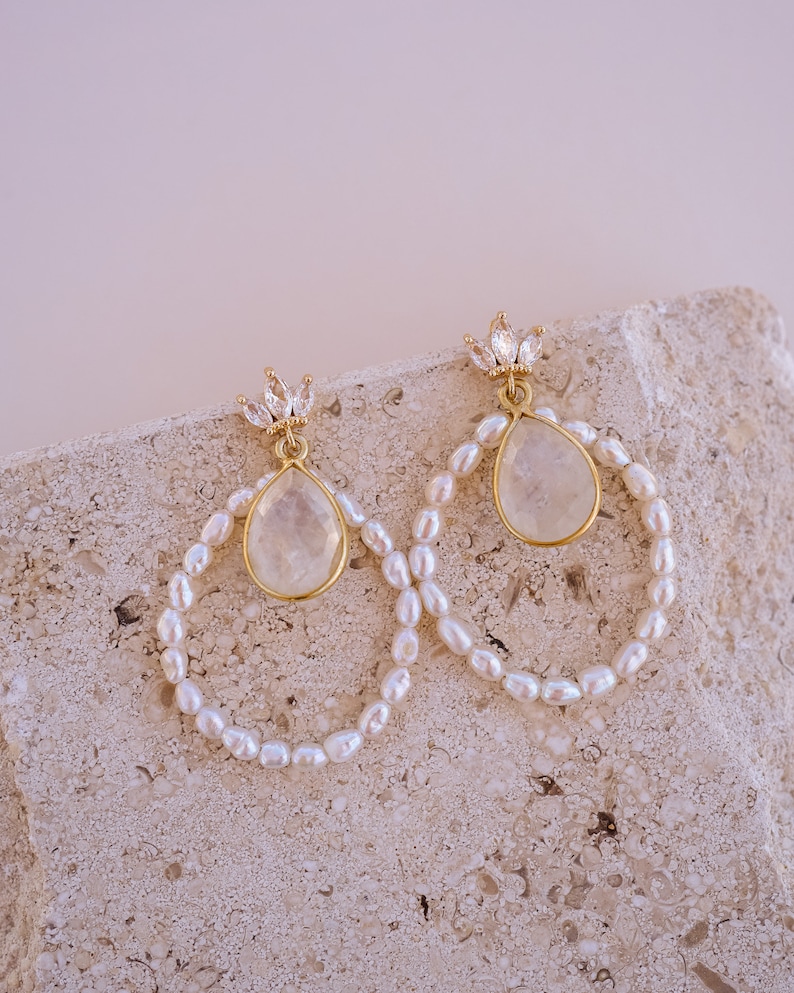 Kate Moonstone Earrings, Pearl Dangle Earrings, Elegant Earrings, Pearl Earrings, Wedding Earrings, Pearl Hoop Earrings, Unique Earrings image 9