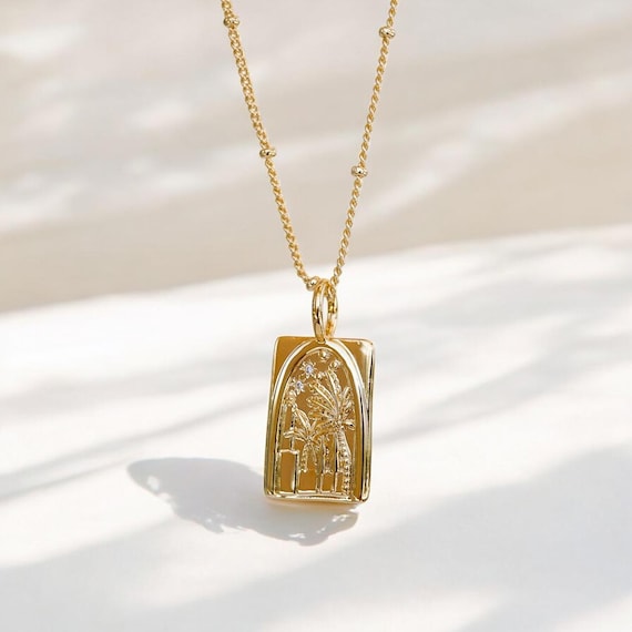 ゴールドパームツリーペンダントネックレス、サマージュエリー、14K 