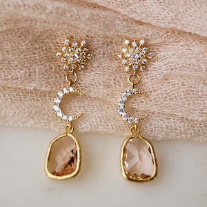 AYLIN Crescent Drop Earrings, Galaxy Earrings, Crescent Moon Earrings, Celestial Earrings, Boho Bridal Earrings, Bohemian Wedding