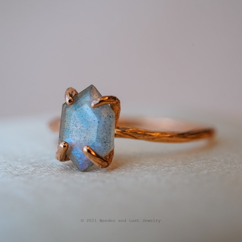 Althea Ring, Labradorite Ring, Hexagon Ring, Gold Ring, Dainty Gemstone Ring, Boho Ring, Twig Ring, Flashy Blue Ring, Rose Gold Ring image 4