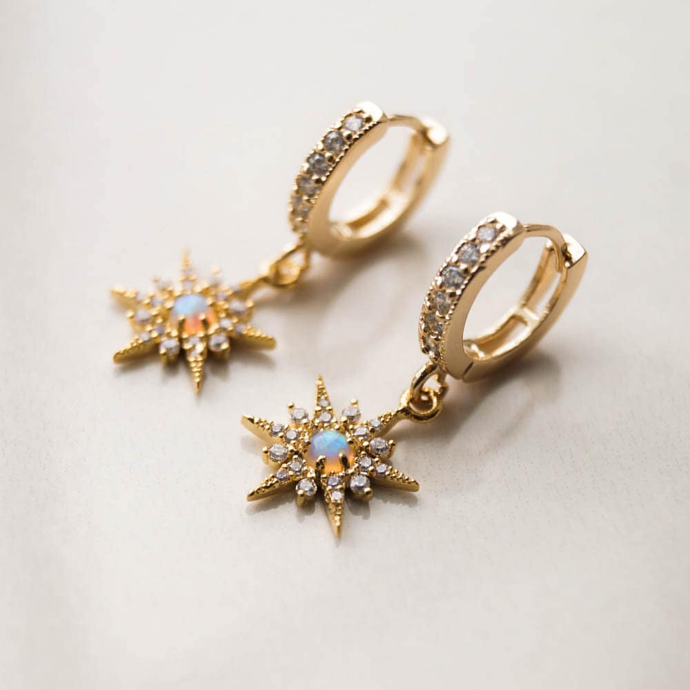Star Hoop Earrings, Gold Huggie Hoops, Opal Earrings, Gift for Girlfriend, Best Friend Gift, Celestial Jewelry, Gift for Zodiac Lovers