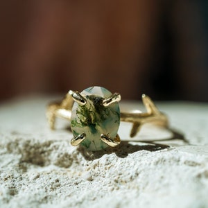 Moss Agate Ring, Oval Shaped Engagement Ring, Branch Ring, 925 Ring, Vine Ring, Gold Ring Agate, Moss Agate Jewelry, Nature Ring, EDEN RING