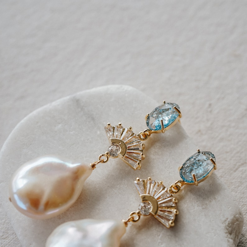 Something Blue Earrings, Bridal Statement Earrings, Wedding Jewelry, Pearl Earrings, Art Deco Earrings, Fan Earrings, Blue Bridal Jewelry image 6