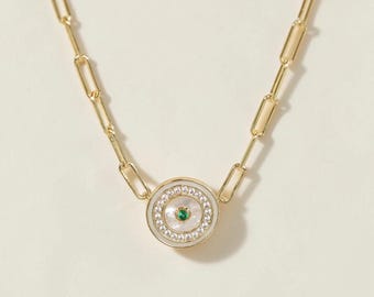 Maeve Mother of Pearl Necklace, Emerald Evil Eye Necklace, Gold Paperclip Chain, Green Gemstone Talisman Pendant