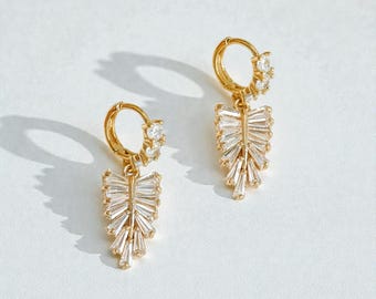 Leaf Huggie Hoop Earrings, Bridal Art Deco Crystal Earrings, 14K Gold & Cubic Zirconia