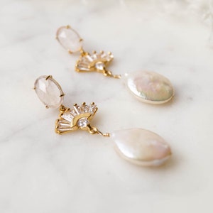 REESE Freshwater Pearl Earrings, Bridal Statement Earrings, Wedding Jewelry, Pearl Earrings, Art Deco Earrings, Fan Earrings, Bridal Jewelry image 2