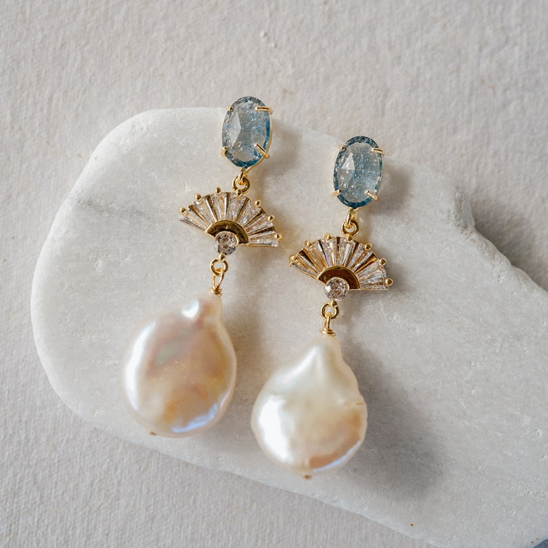 Something Blue Earrings, Bridal Statement Earrings, Wedding Jewelry, Pearl Earrings, Art Deco Earrings, Fan Earrings, Blue Bridal Jewelry image 5