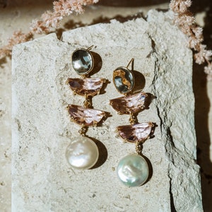 Lana Earrings, Bridal Statement Earrings, Modern Pearl Earrings, Art Deco Earrings, Long Earrings, Bridal Jewelry, Freshwater Pearl Jewelry
