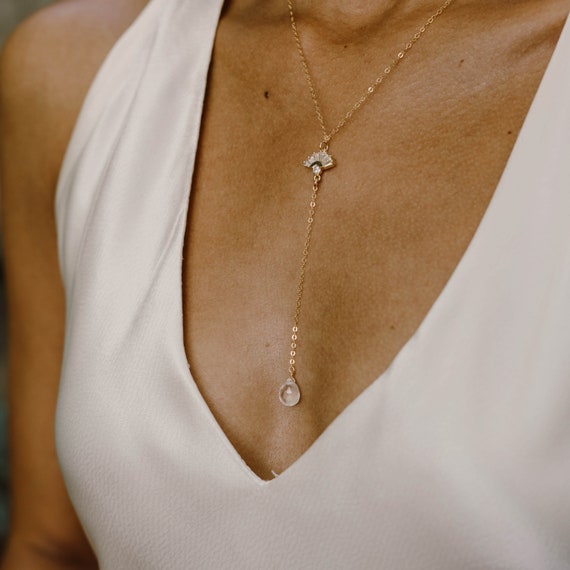 CLARISSA Y Necklace Lariat Necklace Bridal Necklace Wedding Necklace Clear Quartz Necklace Dainty Gold Necklace Bride Necklace