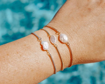 Pulseira delicada de pérolas, presente para ela, pulseira de pérolas de água doce, pulseira em ouro rosa, presente de Natal, pulseira de corrente, pulseira ajustável