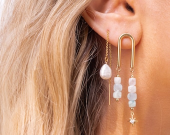Skylight Gem Earrings, Aquamarine Earrings, Gold Arch Earrings, Gemstone Drop Earrings, Celestial Earrings, Star Earrings, Funky Earrings