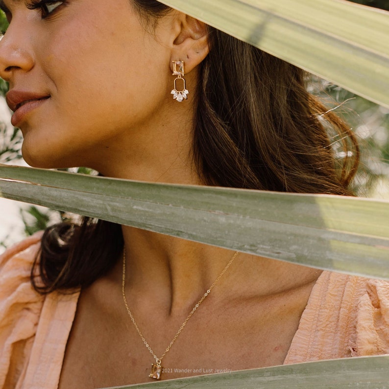 Jolie Earrings, Blush Earring, Bridal Statement Earrings, Wedding Jewelry, Art Deco Earrings, Bridal Jewelry, Peach Earrings image 1