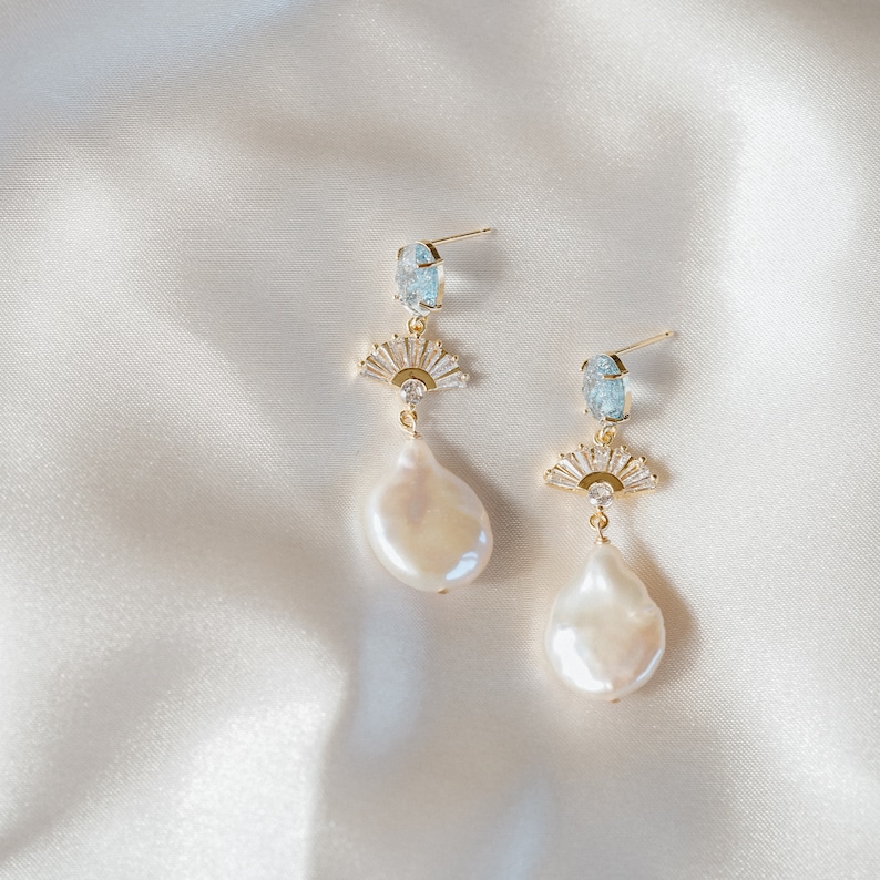 Something Blue Earrings, Bridal Statement Earrings, Wedding Jewelry, Pearl Earrings, Art Deco Earrings, Fan Earrings, Blue Bridal Jewelry image 1