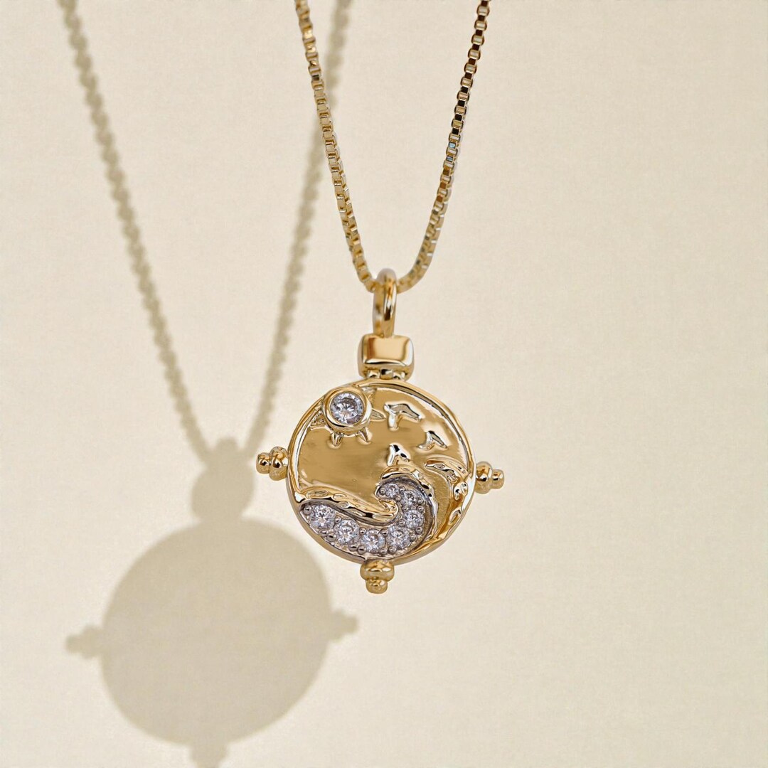 Gold Wave Pendant Necklace, Sun and Ocean Charm, Graduation Gift ...