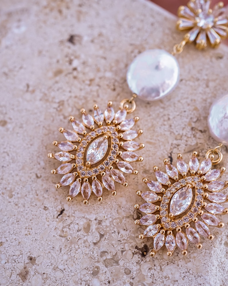 Greta Pearl Earrings, Statement Earrings, Gold Bridal Earrings, Art Deco Earrings, Long Earrings, Wedding Jewelry, Pearl Drop Earrings image 7