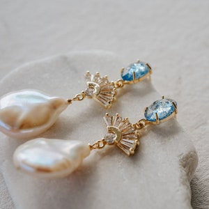 Something Blue Earrings, Bridal Statement Earrings, Wedding Jewelry, Pearl Earrings, Art Deco Earrings, Fan Earrings, Blue Bridal Jewelry image 3