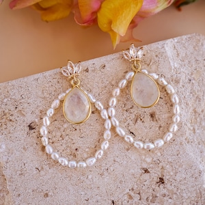 Kate Moonstone Earrings, Pearl Dangle Earrings, Elegant Earrings, Pearl Earrings, Wedding Earrings, Pearl Hoop Earrings, Unique Earrings image 4