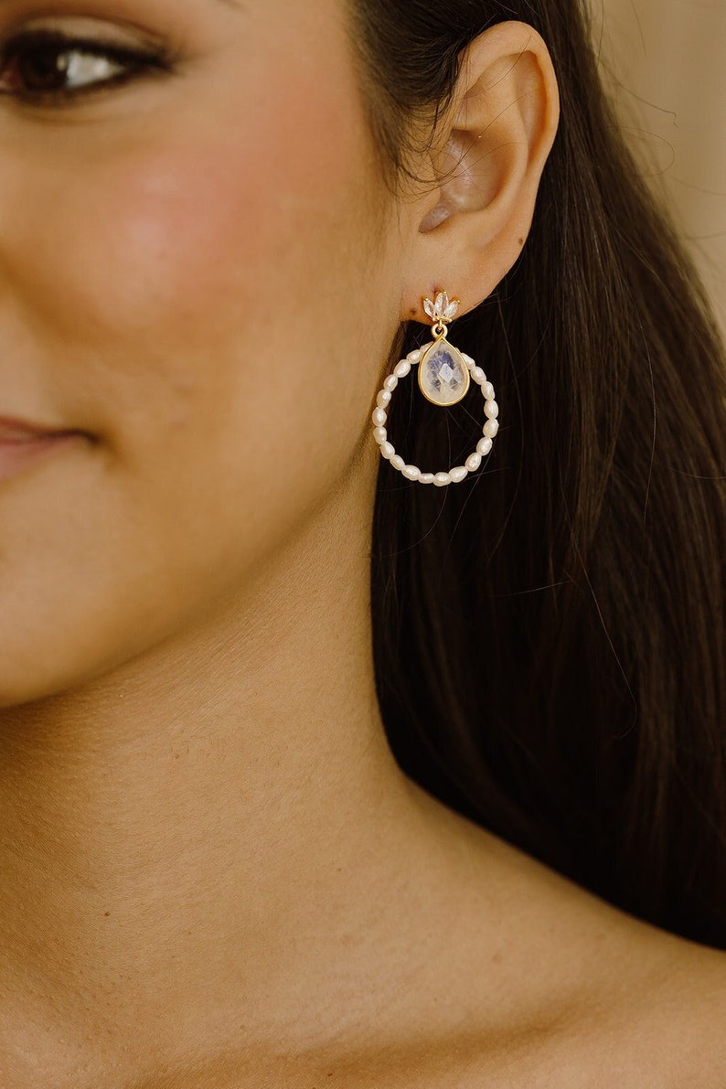 Kate Moonstone Earrings, Pearl Dangle Earrings, Elegant Earrings, Pearl Earrings, Wedding Earrings, Pearl Hoop Earrings, Unique Earrings image 1
