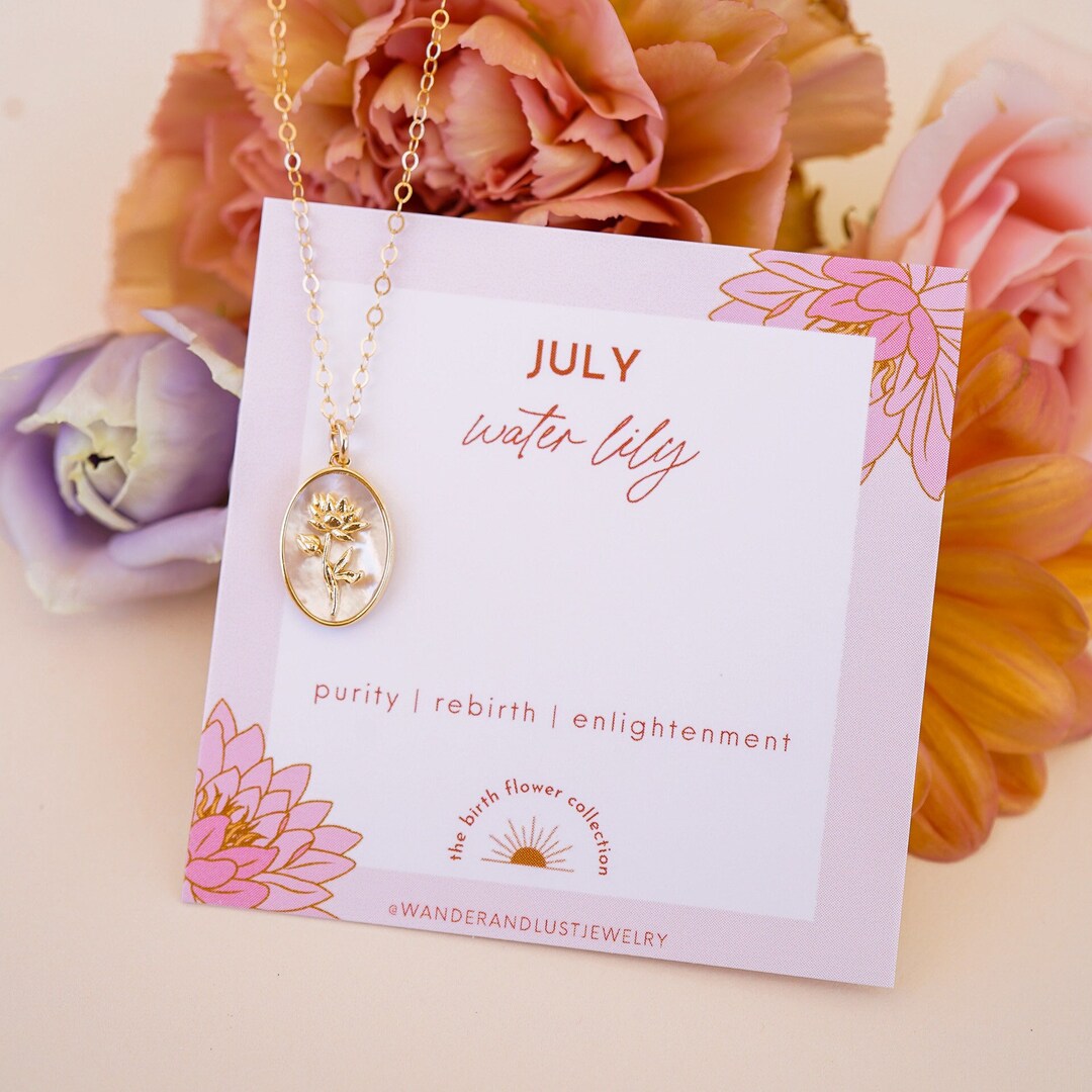 July Birth Flower Necklace, Water Lily Necklace, Birth Month Flower, Pearl Necklace, Birthday