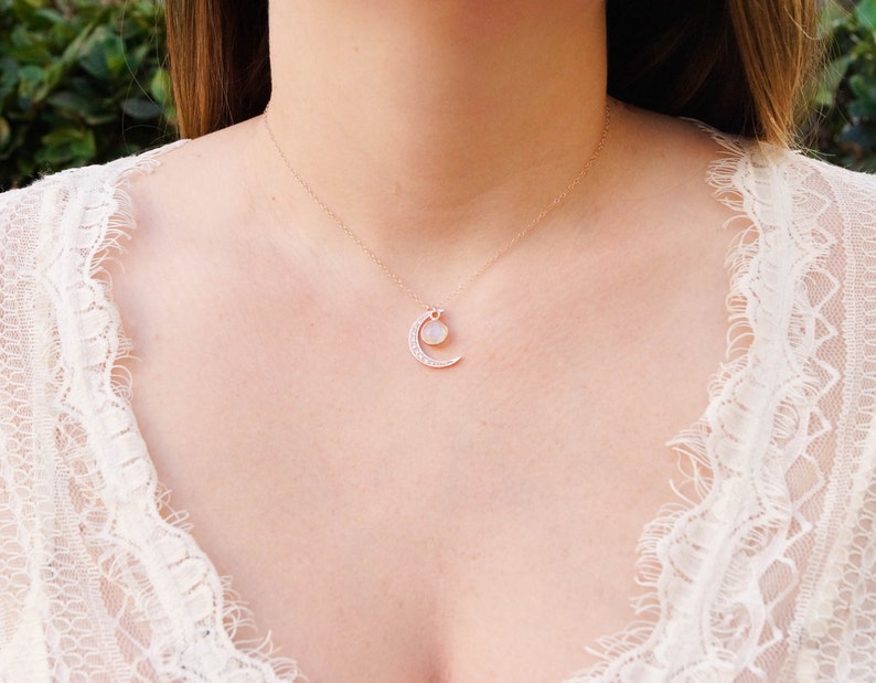 Two Moons Necklace, Crescent Moon Necklace, Moonstone Necklace, Rose Gold Necklace, Dainty Necklace, Rainbow Moonstone Necklace image 2