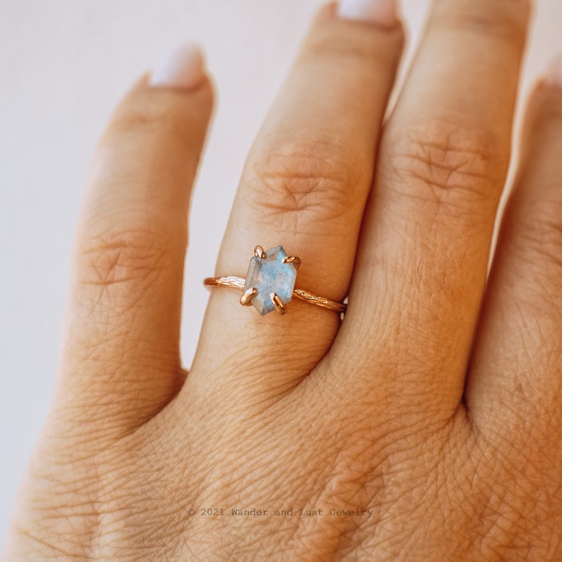 Althea Ring, Labradorite Ring, Hexagon Ring, Gold Ring, Dainty Gemstone Ring, Boho Ring, Twig Ring, Flashy Blue Ring, Rose Gold Ring image 8