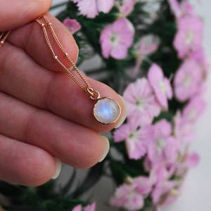 Tiny Moonstone Necklace, Rose Gold Necklace, Rose Gold Satellite Chain, Rainbow Moonstone, Simple Gemstone Necklace, Rose Gold Moonstone image 3