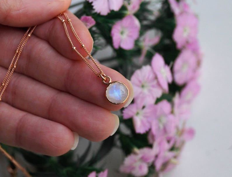 Tiny Moonstone Necklace, Rose Gold Necklace, Rose Gold Satellite Chain, Rainbow Moonstone, Simple Gemstone Necklace, Rose Gold Moonstone image 3