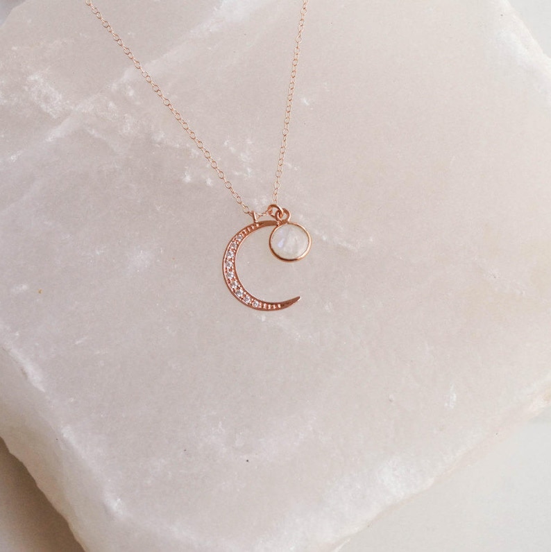 Two Moons Necklace, Crescent Moon Necklace, Moonstone Necklace, Rose Gold Necklace, Dainty Necklace, Rainbow Moonstone Necklace image 3