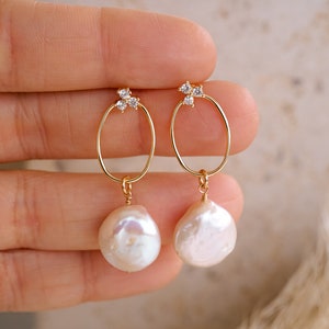 Emerson Pearl Ear Jacket, Pearl Drop Earrings, Bridal Jewelry, Wedding Earrings, Gold Pearl Earrings, Modern Jewelry, Bohemian Style image 6