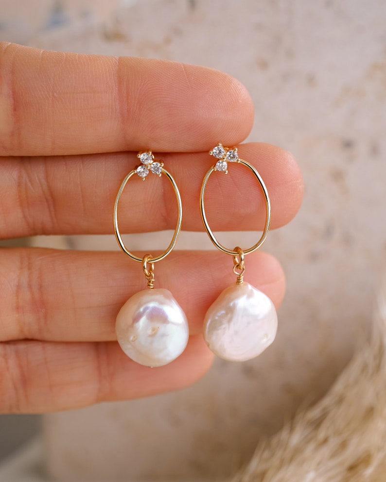 Emerson Pearl Ear Jacket, Pearl Drop Earrings, Bridal Jewelry, Wedding Earrings, Gold Pearl Earrings, Modern Jewelry, Bohemian Style image 6