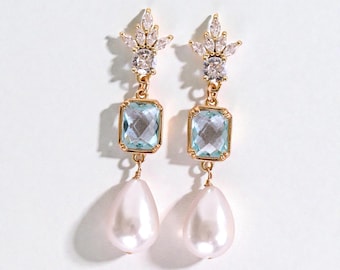 Pendientes colgantes azules y perlados: joyas de novia Something Blue, un regalo para la novia, estilo elegante.