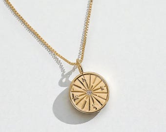 Gold Compass Medallion Necklace, Nomad Adventure Jewelry, Gift for the Traveler