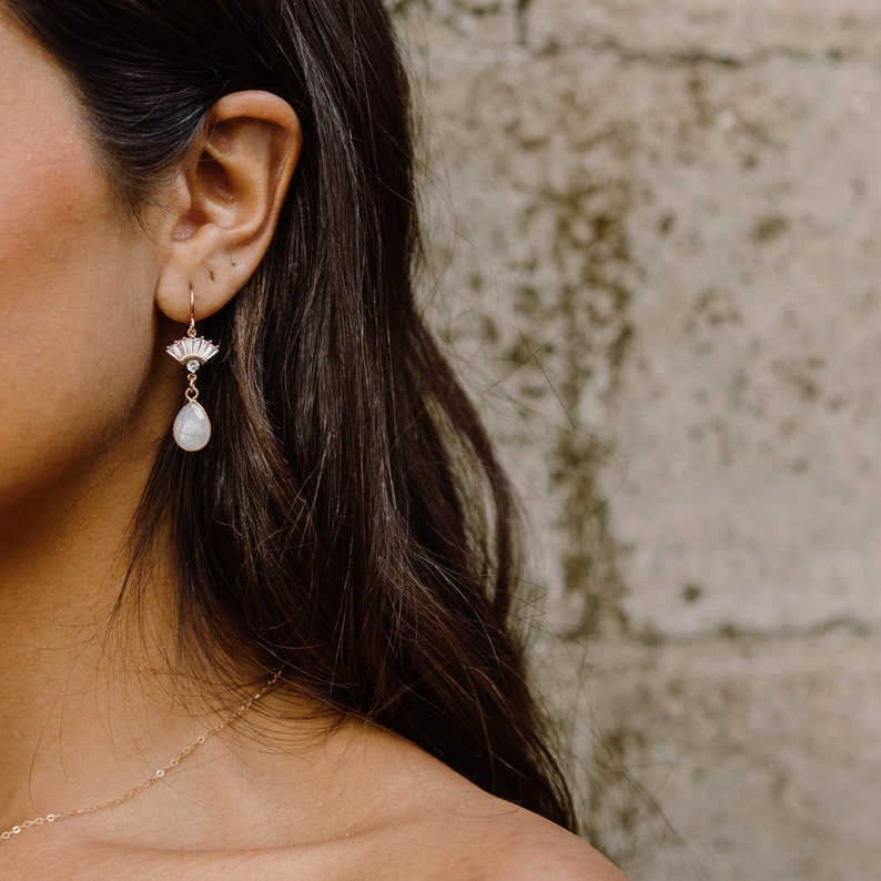 Aria Moonstone Earrings, Bridal Statement Earrings, Wedding Jewelry, Fan Earrings, Art Deco Earrings, Bridal Jewelry, Teardrop Earrings image 1