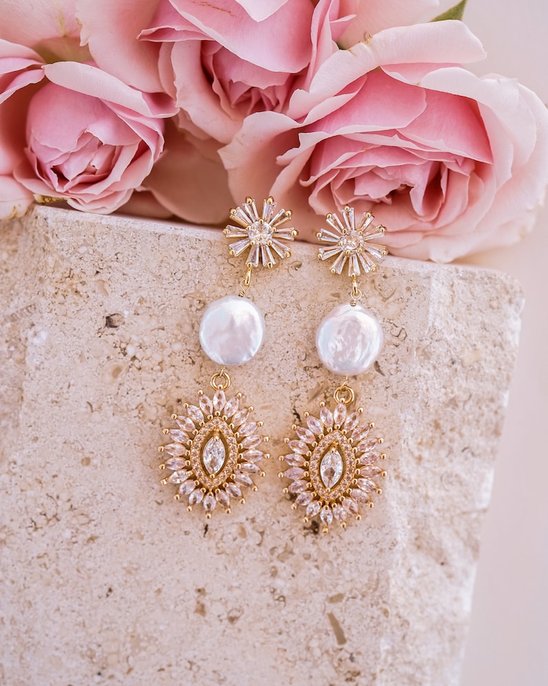 Greta Pearl Earrings, Statement Earrings, Gold Bridal Earrings, Art Deco Earrings, Long Earrings, Wedding Jewelry, Pearl Drop Earrings image 5