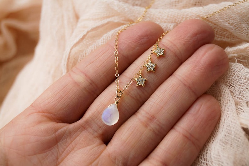 Selene Galaxy Necklace, Moonstone Necklace, Dainty Star Necklace, Rainbow Moonstone Necklace, Celestial Necklace, Moonstone Necklace Silver image 2