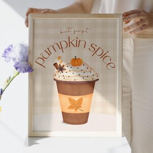 Póster de calabaza con especias, 18 x 24, para imprimir en otoño, bonito arte con café con leche con especias de calabaza, plantilla editable de Canva
