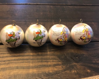 Vintage Pyramid Christmas Ornaments set of 4 unbreakable Mother Goose, Humpty Dumpty, Handel and Gretel and Old woman living In a shoe.