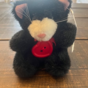 Vintage Cat Plush with Red Heart Button Stuffed Animal