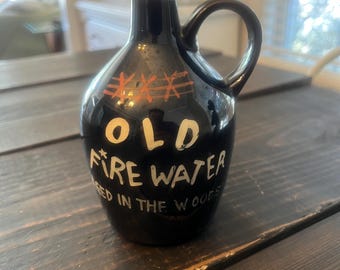 Vintage Old Fire Water Brown Jug mid Century Ceramic Whiskey Moonshine Decanter