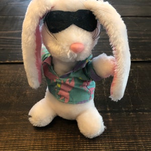 Vintage 1986 Applause Bunny Rabbit Plush Stuffed Animal with eye glasses and retro shirt