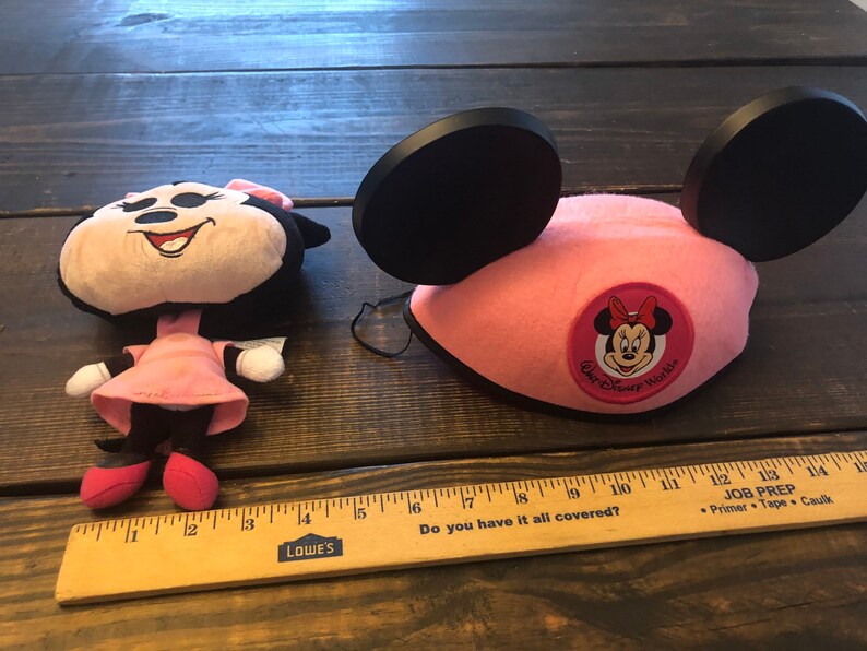 May include: Pink Minnie Mouse ears with a black felt headband and a pink felt Minnie Mouse head with a Walt Disney World logo on the front.