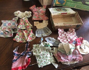 Vintage Iliad Blunts Cigar box With very old Hand Made Doll Clothes 1930's 1940's